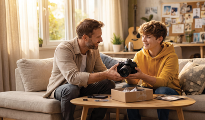 Dwie osoby siedzą na kanapie w jasnym salonie i trzymają aparat fotograficzny nad stolikiem, na którym znajduje się otwarte pudełko oraz akcesoria fotograficzne; w tle widoczne jest okno i gitara.