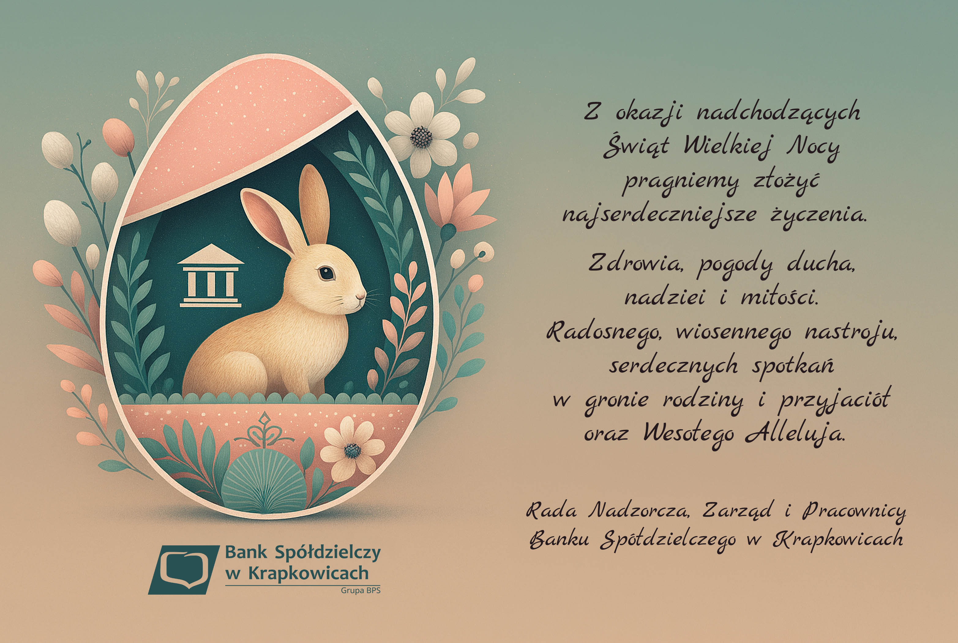 Ilustracja wielkanocna przedstawiająca duże jajko dekoracyjne z króliczkiem siedzącym w środku, otoczonym roślinnymi motywami kwiatów i liści. Po prawej stronie znajduje się tekst z życzeniami świątecznymi od Banku Spółdzielczego w Krapkowicach. Na dole po lewej stronie widoczne jest logo banku.