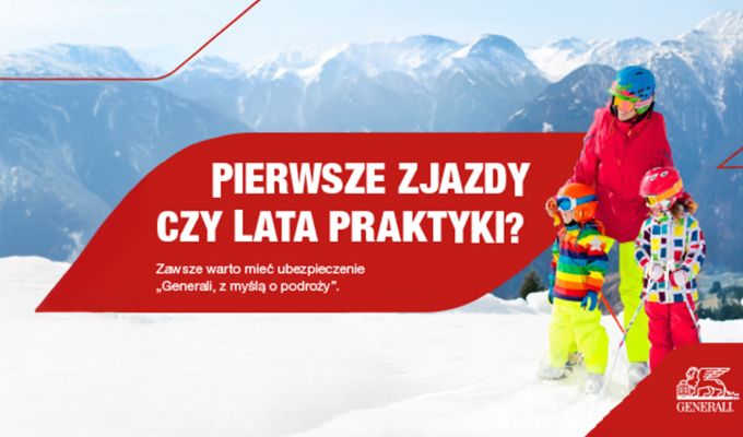 Radosna gromadka dzieci z ich mamą w zimowej scenerii. Ubrani w strój narciarski. Hasło reklamowe: Pierwsze zjazdy czy lata praktyki?" Zawsze warto mieć ubezpieczenie