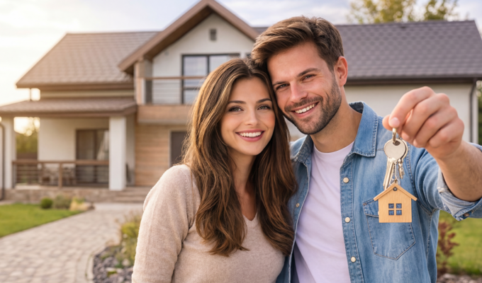 Uśmiechnięta rodzina — mama, tata i małe dziecko — siedzi na podłodze w nowym mieszkaniu wśród kartonów po przeprowadzce. Wspólnie oglądają coś na laptopie ustawionym na pudełku, tworząc ciepłą i radosną atmosferę.