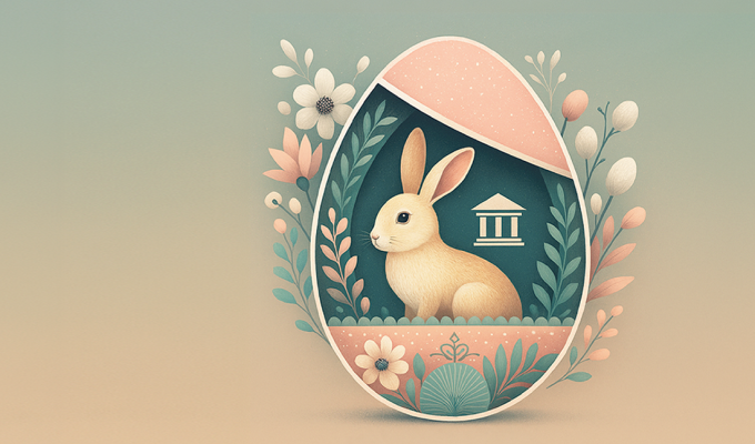 Ilustracja wielkanocna przedstawiająca duże jajko dekoracyjne z króliczkiem siedzącym w środku, otoczonym roślinnymi motywami kwiatów i liści. Po prawej stronie znajduje się tekst z życzeniami świątecznymi od Banku Spółdzielczego w Krapkowicach. Na dole po lewej stronie widoczne jest logo banku.